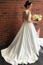 V-Neck Sweep White Wedding Gown with Open Back
