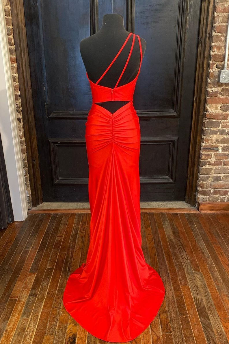 Hot Pink One Shoulder Satin Formal Dress with Slit