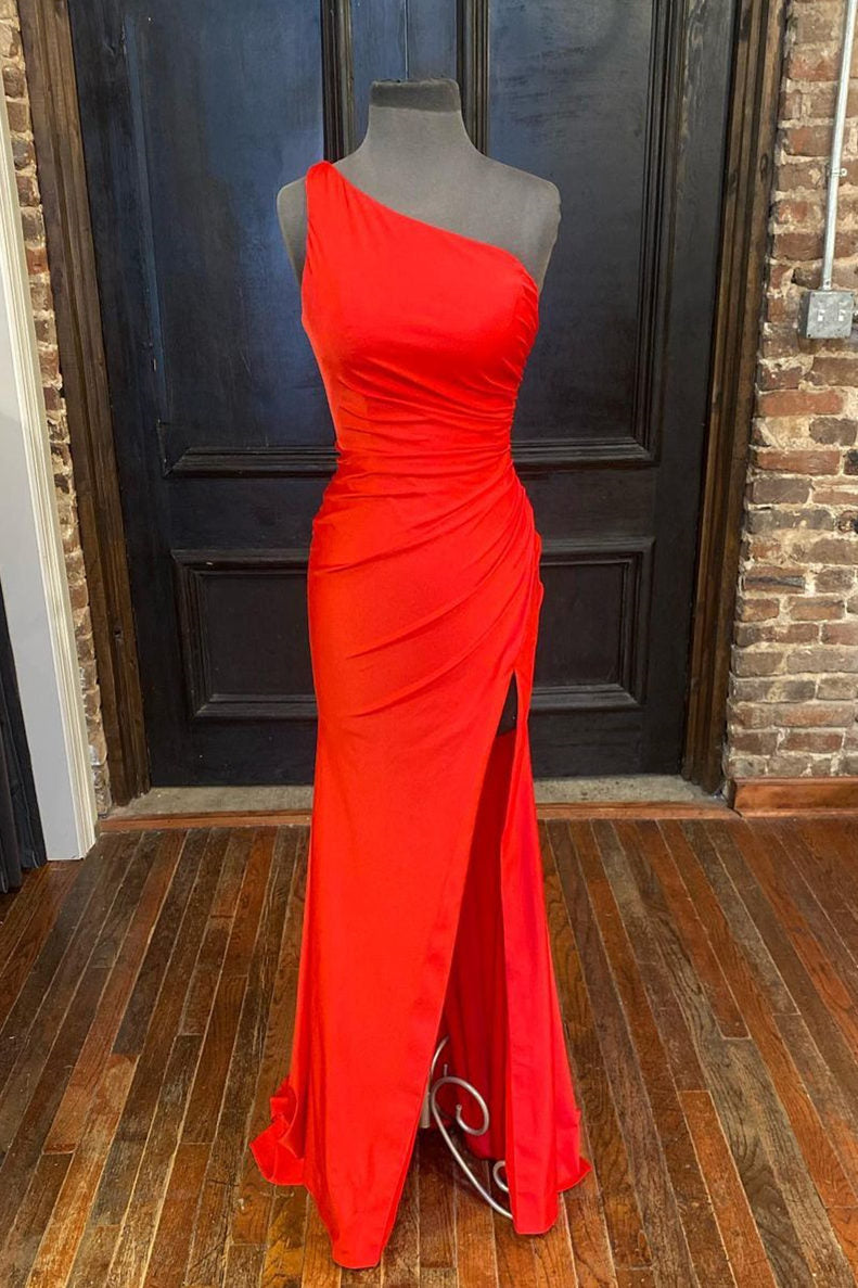 One Shoulder Satin Formal Dress with Slit – FancyVestido