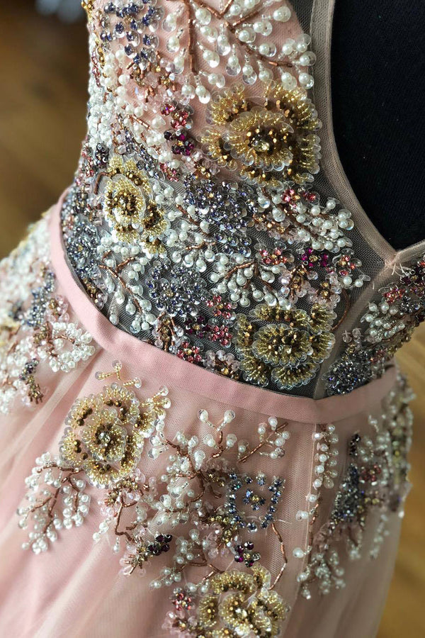 Sleeveless V-Neck Sequin Embellished Pink Tulle Maxi Dress