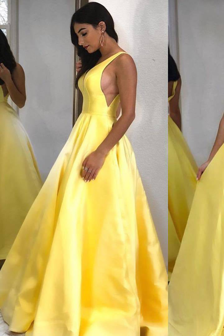 Simple Long Satin Yellow Prom Dress with Pockets