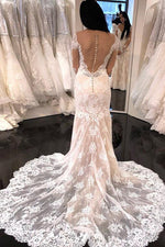 Princess Long Sleeves Mermaid V-Neck Ivory Wedding Dress with Lace