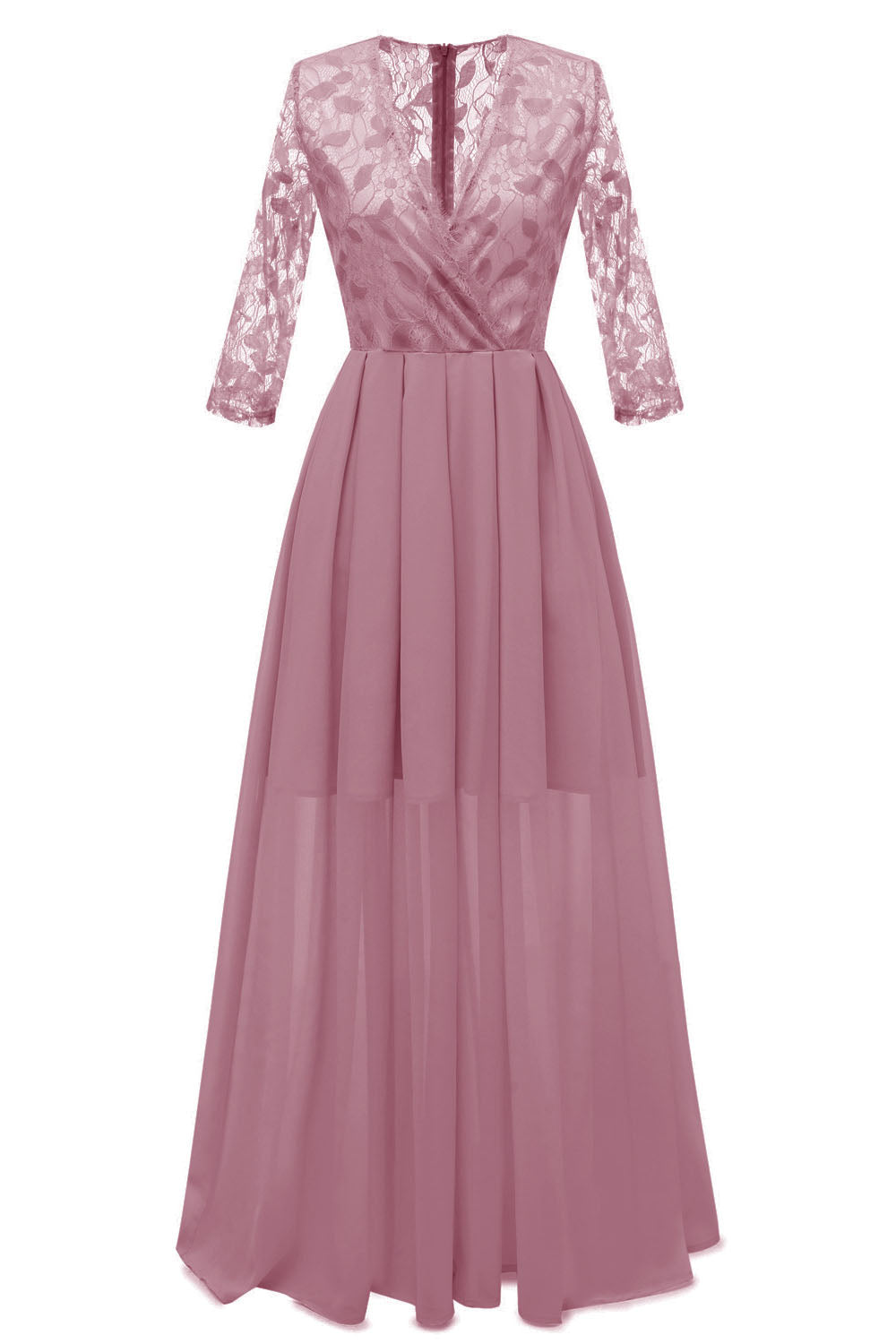 V-Neck Long Sleeves Chiffon Long Pink Party Dress