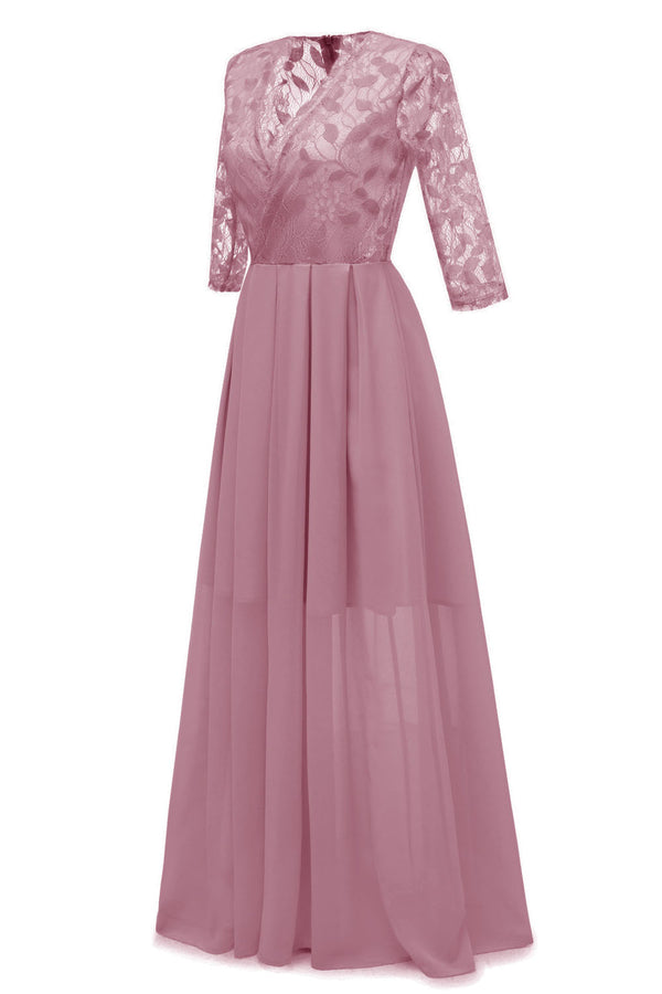 V-Neck Long Sleeves Chiffon Long Pink Party Dress