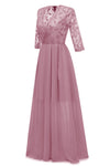 V-Neck Long Sleeves Chiffon Long Pink Party Dress