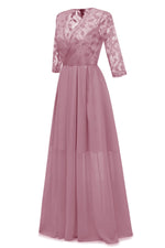V-Neck Long Sleeves Chiffon Long Pink Party Dress