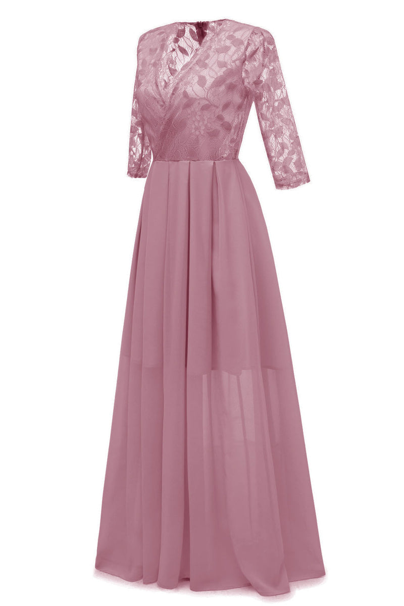 V-Neck Long Sleeves Chiffon Long Pink Party Dress