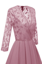 V-Neck Long Sleeves Chiffon Long Pink Party Dress