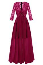V-Neck Long Sleeves Chiffon Long Pink Party Dress