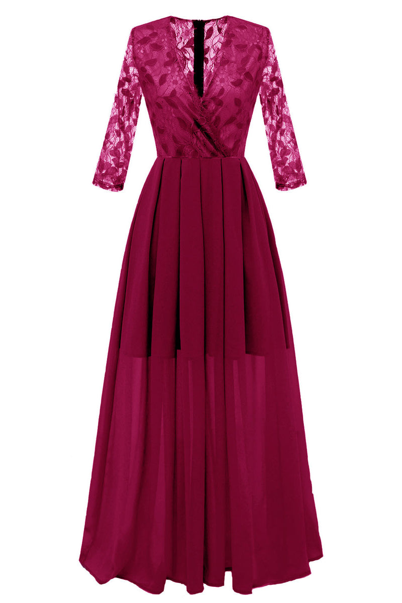 V-Neck Long Sleeves Chiffon Long Pink Party Dress