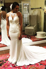 Long Mermaid Open Back Ivory Wedding Dress with Lace