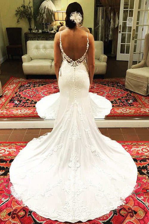Long Mermaid Open Back Ivory Wedding Dress with Lace