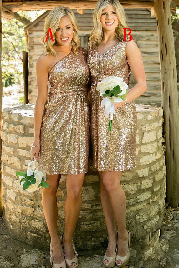 Gold Sequins Short Bridesmaid Dress FancyVestido Gold Sequins Short Bridesmaid Dress FancyVestido