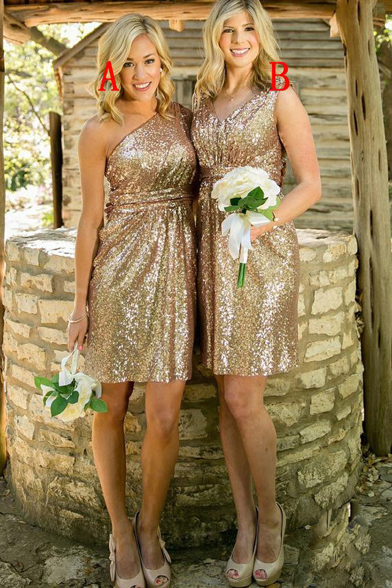 Gold Sequins Short Bridesmaid  Dress