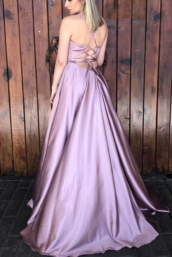 Dusty Rose Spaghetti Strap Formal Gown with Side Split