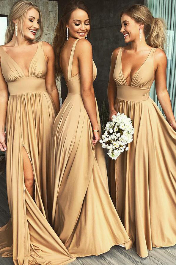 Gold V Neck Long Bridesmaid Dress with Slit