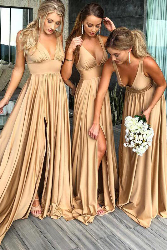 Gold V Neck Long Bridesmaid Dress with Slit