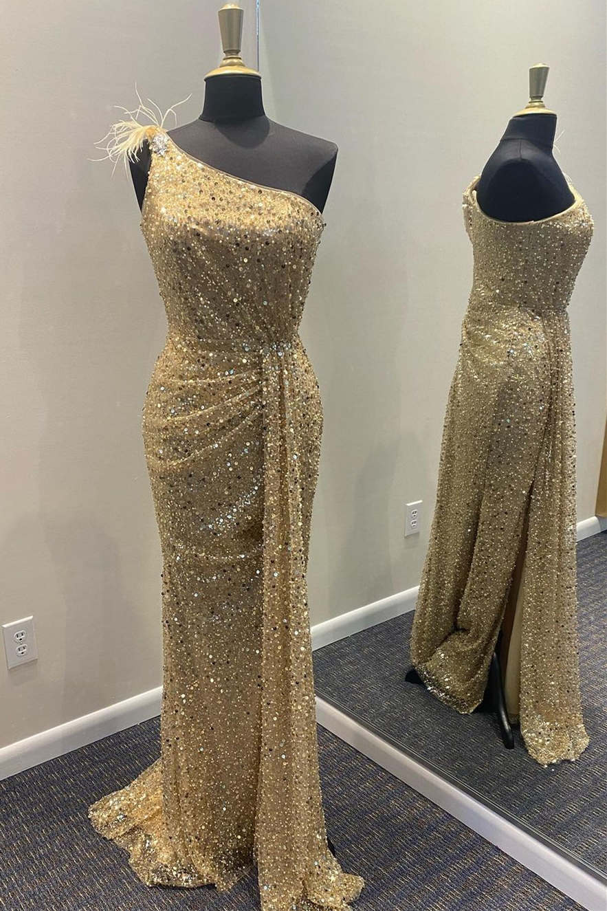 Elegant Champagne Sequins Formal Dress with One Shoulder