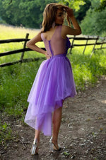 Hi-Low Illusion Neck Purple Short Homecoming Dress with Flowers