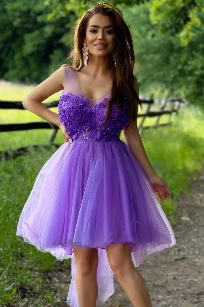 Hi-Low Illusion Neck Purple Short Homecoming Dress with Flowers FancyVestido Hi-Low Illusion Neck Purple Short Homecoming Dress with Flowers FancyVestido