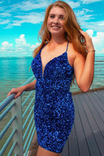 Mermaid Fitted Royal Blue Sequined Homecoming Dress