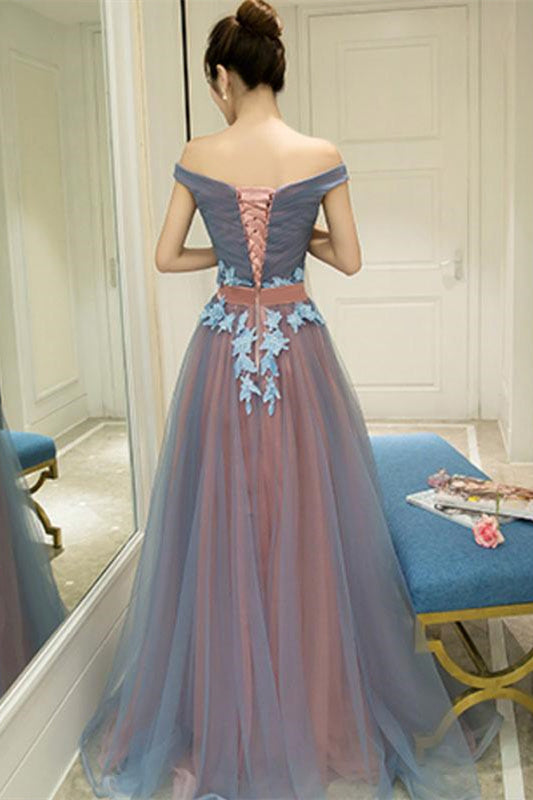 Chic Off the Shoulder Dusty Bule and Pink Long Prom Dress