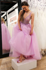 Elegant Ball Gown Illusion V Neck Sky Blue Long Prom Dress