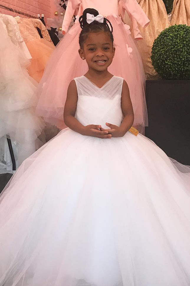 Ball gown V-Neck Long White Flower Girl Dress