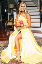 One Shoulder Yellow Two Piece Prom Dress with Slit