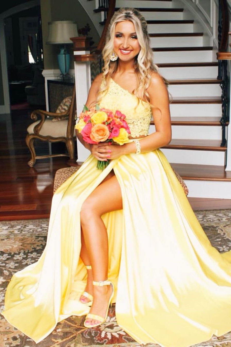One Shoulder Yellow Two Piece Prom Dress with Slit FancyVestido One Shoulder Yellow Two Piece Prom Dress with Slit FancyVestido