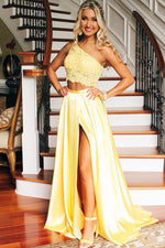 One Shoulder Yellow Two Piece Prom Dress with Slit