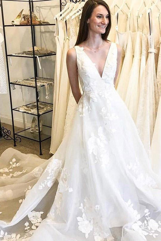Princess Long V-Neck A-line White Wedding Dress with Lace – FancyVestido