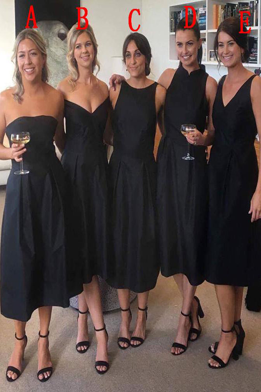 A-line Tea-Length Black Bridesmaid Dress