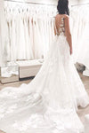 Princess Long V-Neck A-line White Wedding Dress with Lace