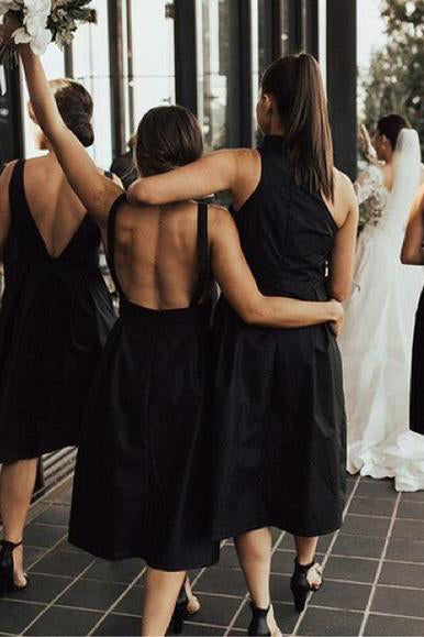 A-line Tea-Length Black Bridesmaid Dress FancyVestido A-line Tea-Length Black Bridesmaid Dress FancyVestido
