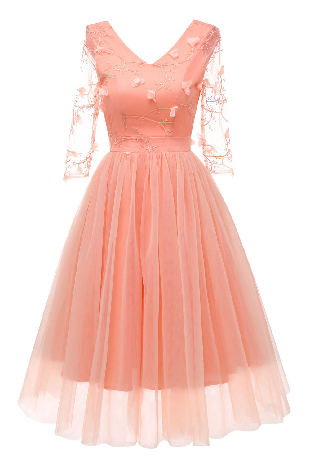 open lace back dress Illusion Sleeves Pearl Pink Chiffon Party Dress – FancyVestido