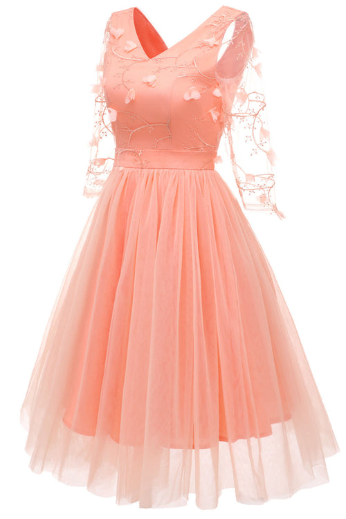 Illusion Sleeves Pearl Pink Chiffon Party Dress
