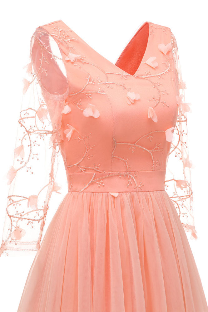 Illusion Sleeves Pearl Pink Chiffon Party Dress