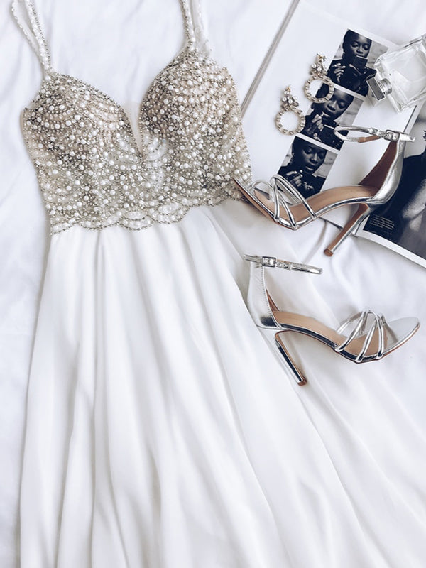 Boho White Chiffon Beading Beach Wedding Dress – FancyVestido