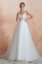 Princess Long A-line Sheer Back Floral White Wedding Dress with Sequins
