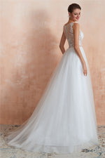 Princess Long A-line Sheer Back Floral White Wedding Dress with Sequins