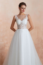 Princess Long A-line Sheer Back Floral White Wedding Dress with Sequins