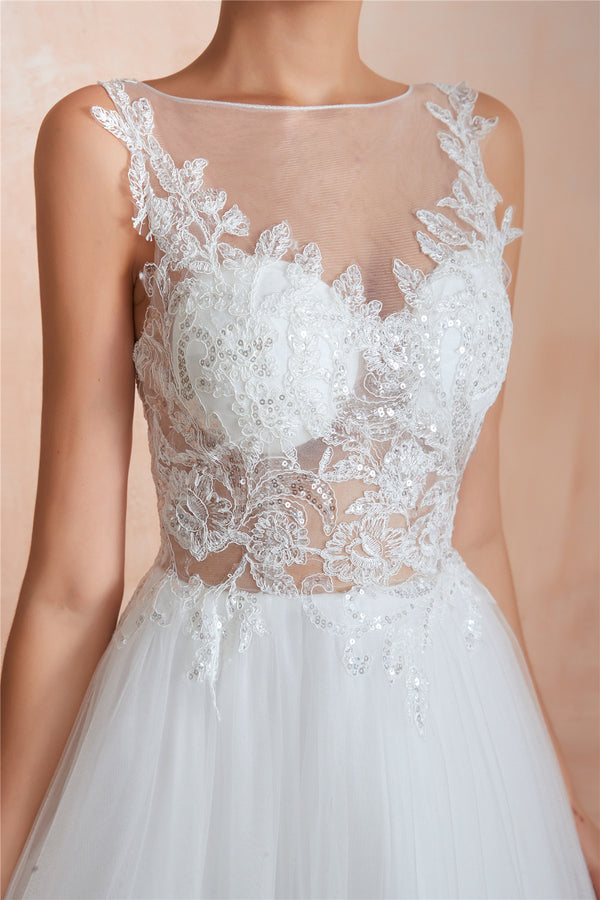 Princess Long A-line Sheer Back Floral White Wedding Dress with Sequins