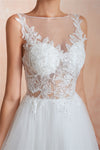Princess Long A-line Sheer Back Floral White Wedding Dress with Sequins