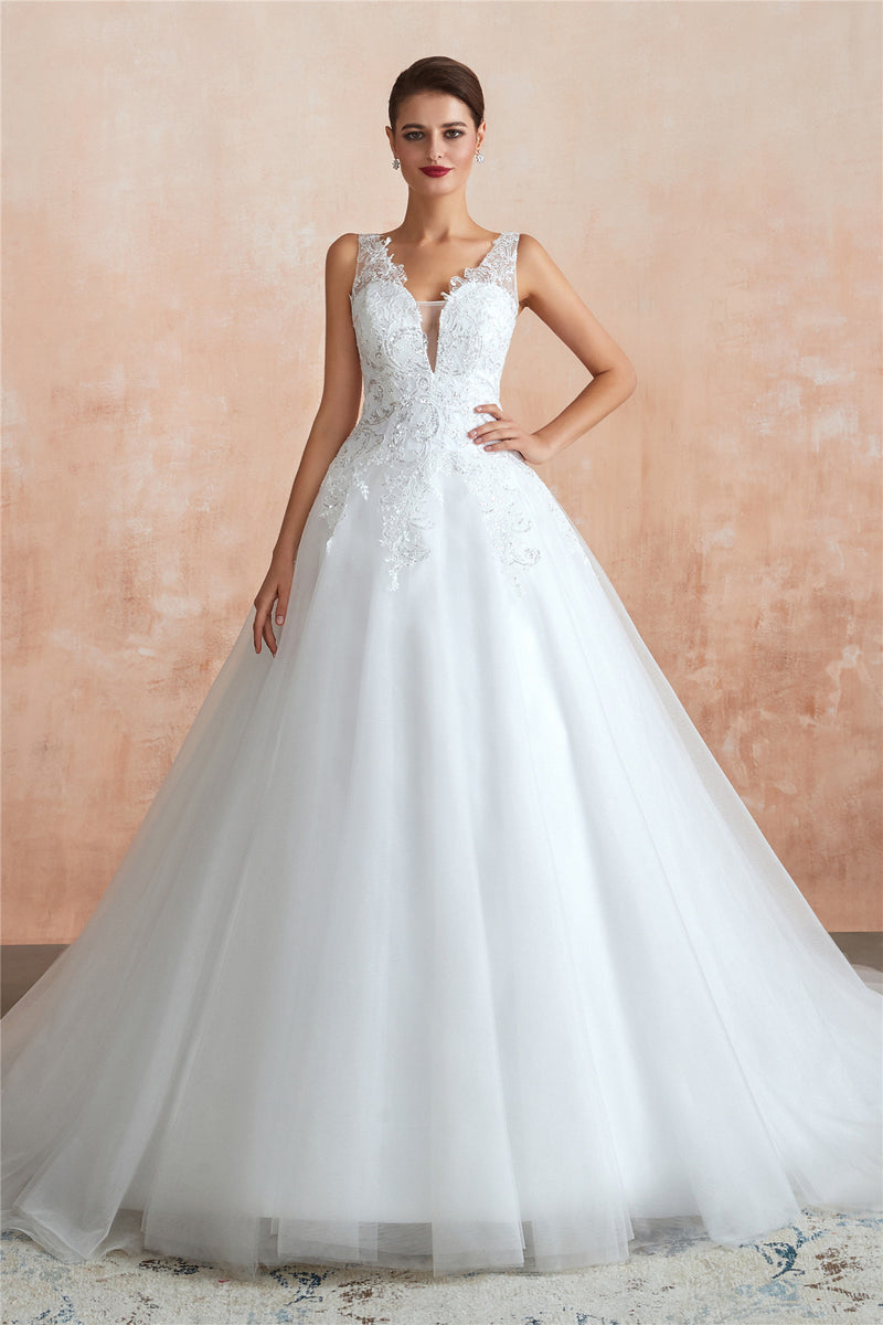 Princess Long A-line Sheer Back White Wedding Dress with Sequins