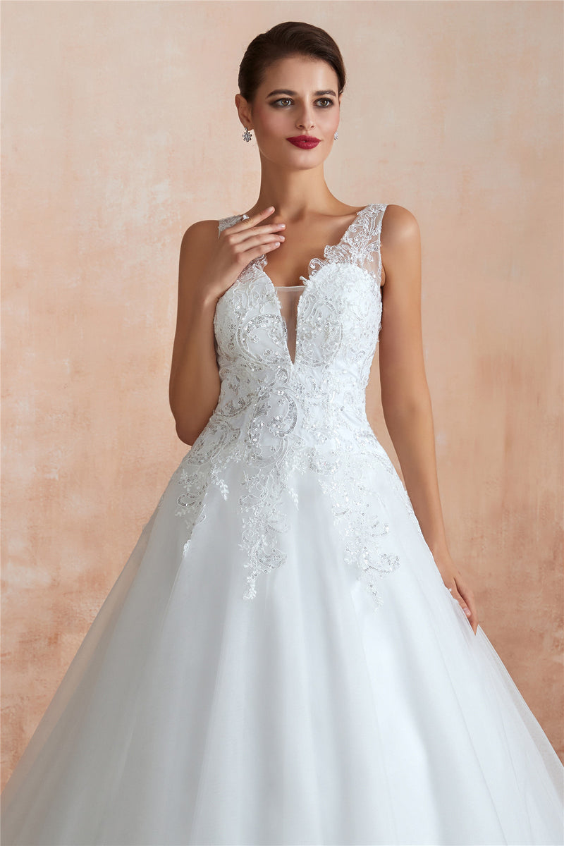 Princess Long A-line Sheer Back White Wedding Dress with Sequins
