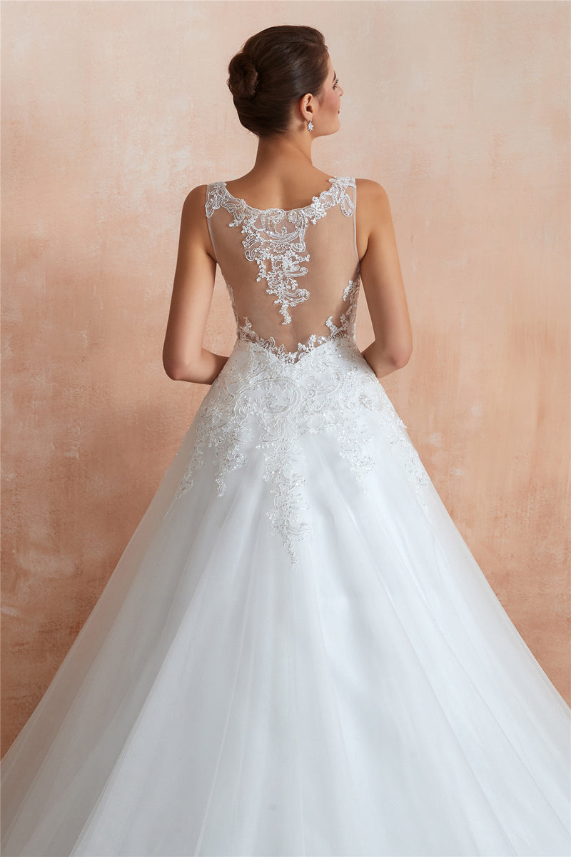 Princess Long A-line Sheer Back White Wedding Dress with Sequins