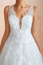 Princess Long A-line Sheer Back White Wedding Dress with Sequins