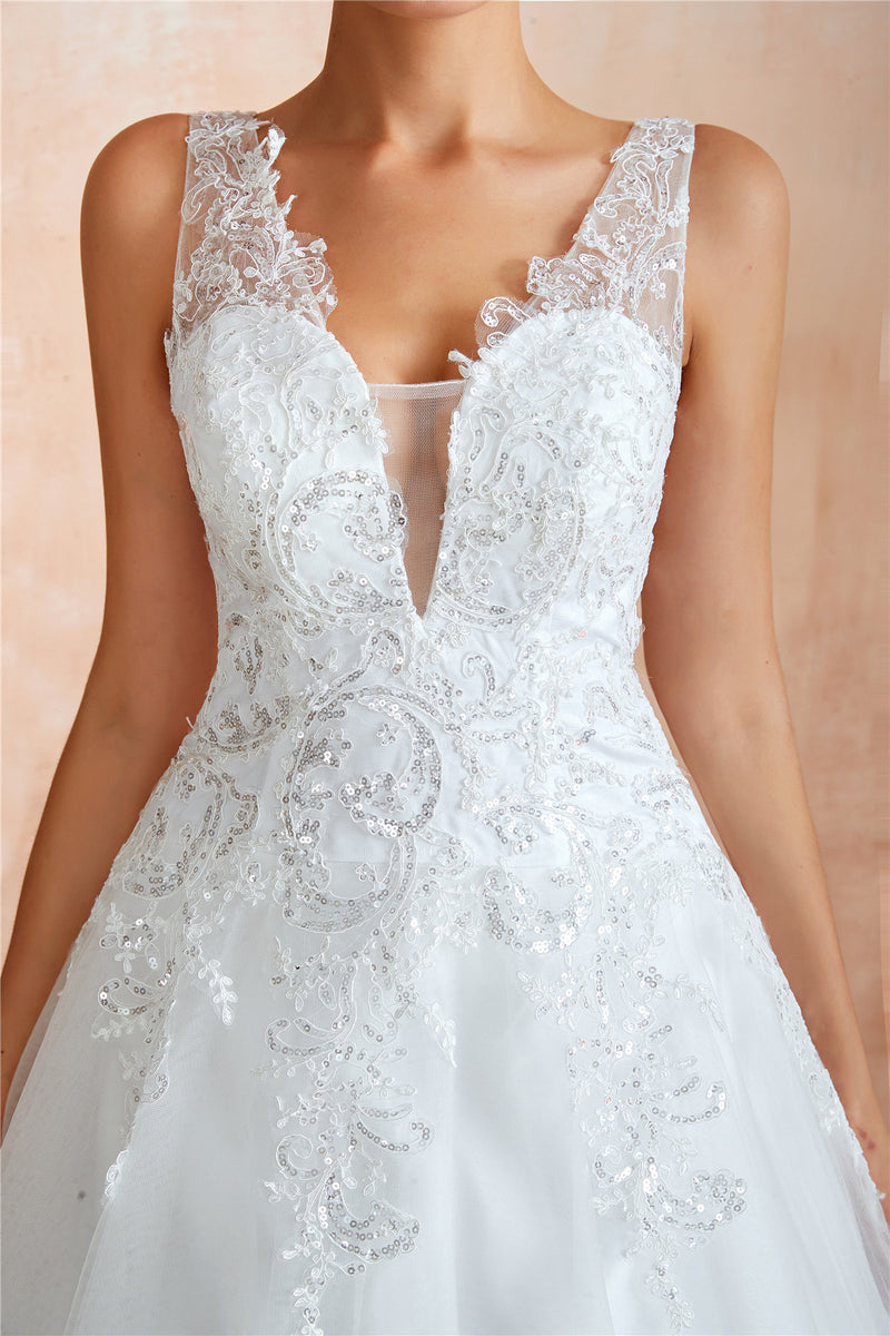 Princess Long A-line Sheer Back White Wedding Dress with Sequins