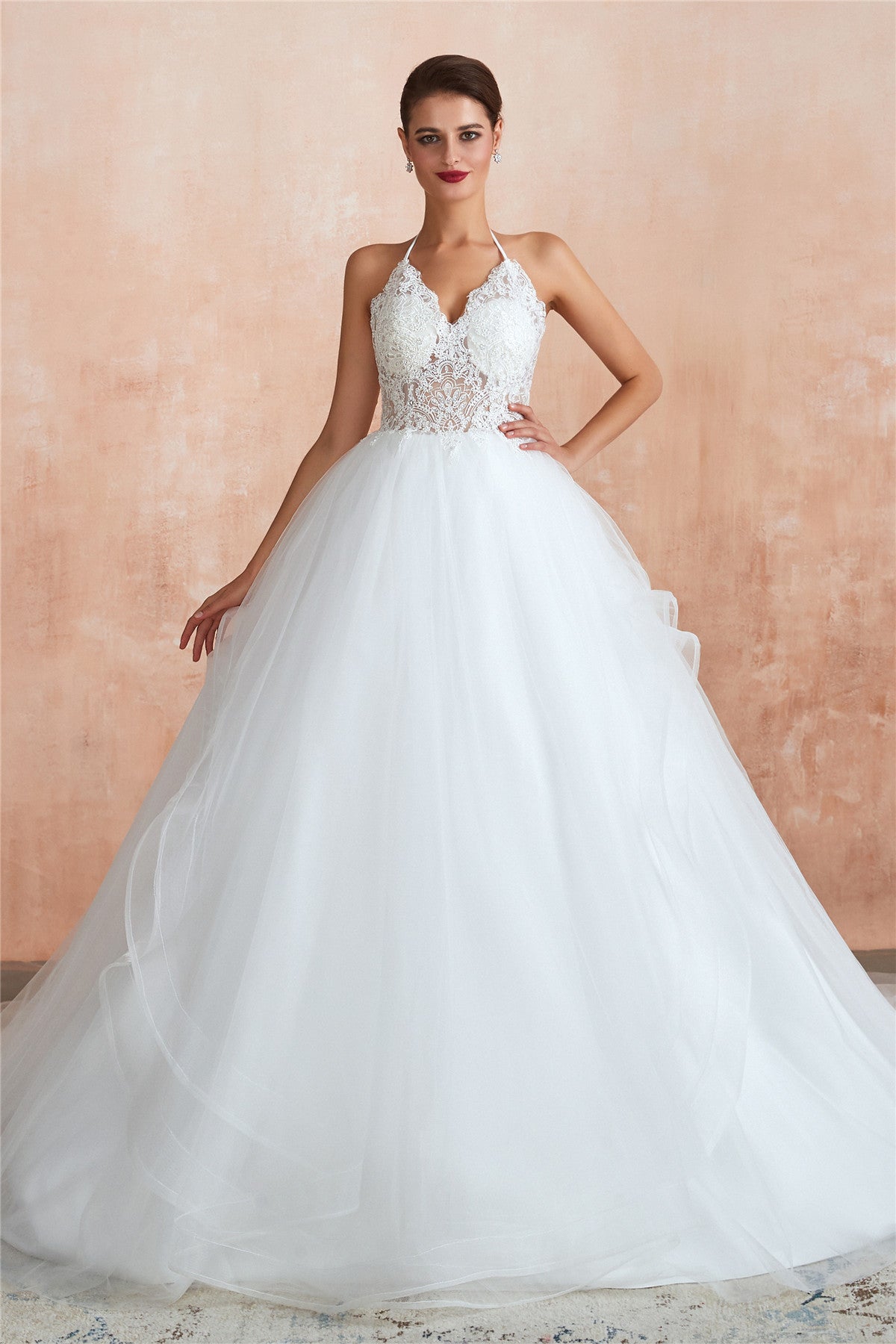 Long Halter A-line Ball Gown White Wedding Dress with Lace